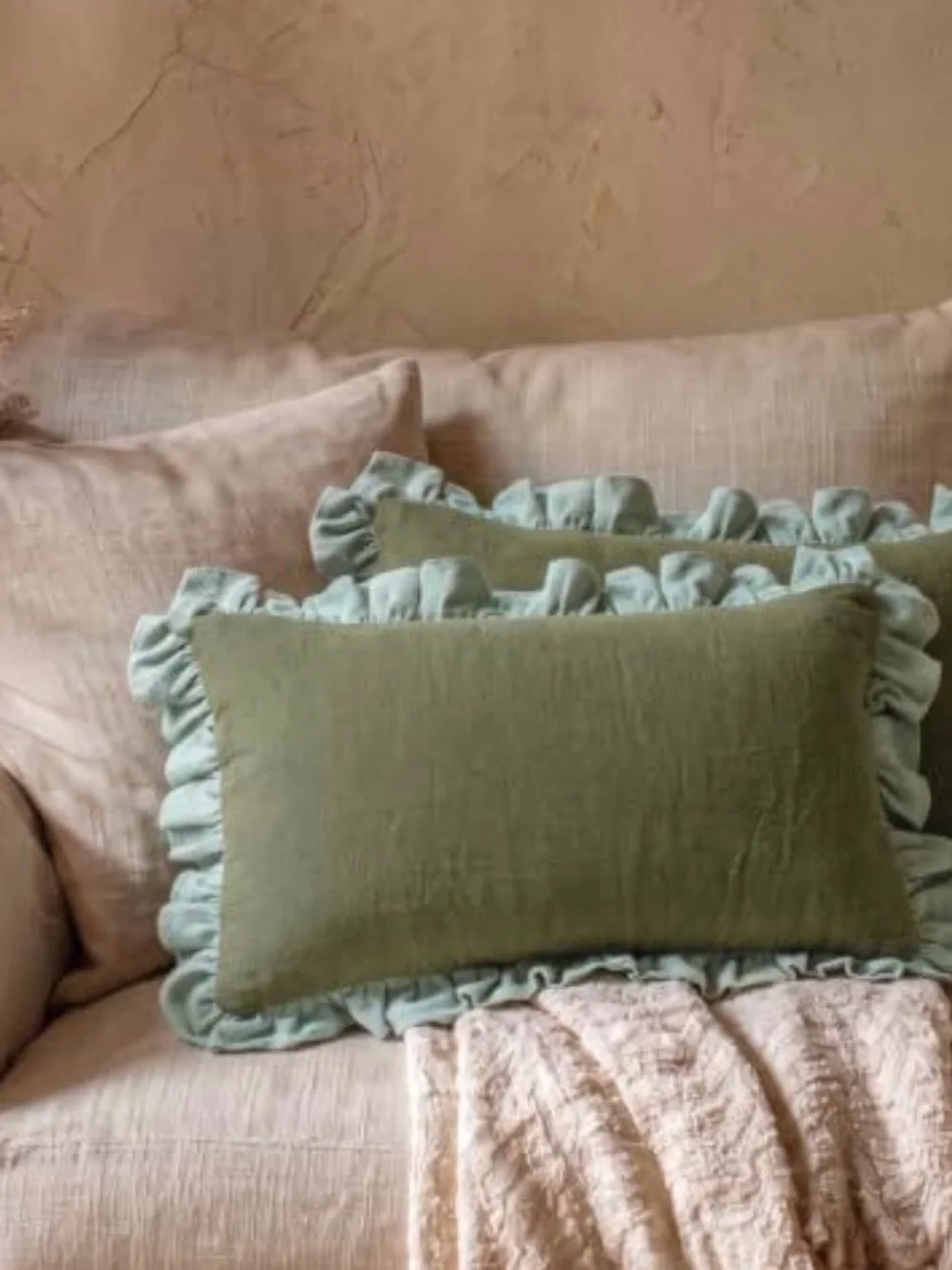 Ruffled Edge Decorative Pillow Covers Pair - Olive with Light Sage Ruffle